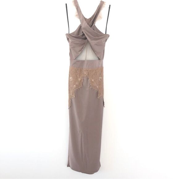 Michael Costello x REVOLVE Philip Midi Dress in Taupe Bodycon Lace Trim Halter - Picture 4 of 14